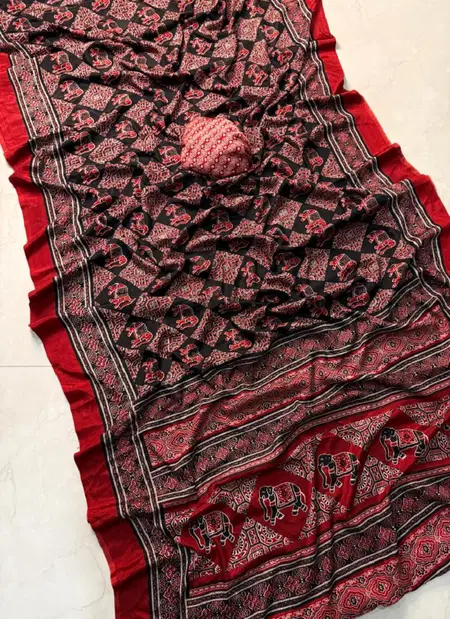 Wow Creap Silk Ajrakh Printed  Sarees Wholesale Suppliers In Mumbai